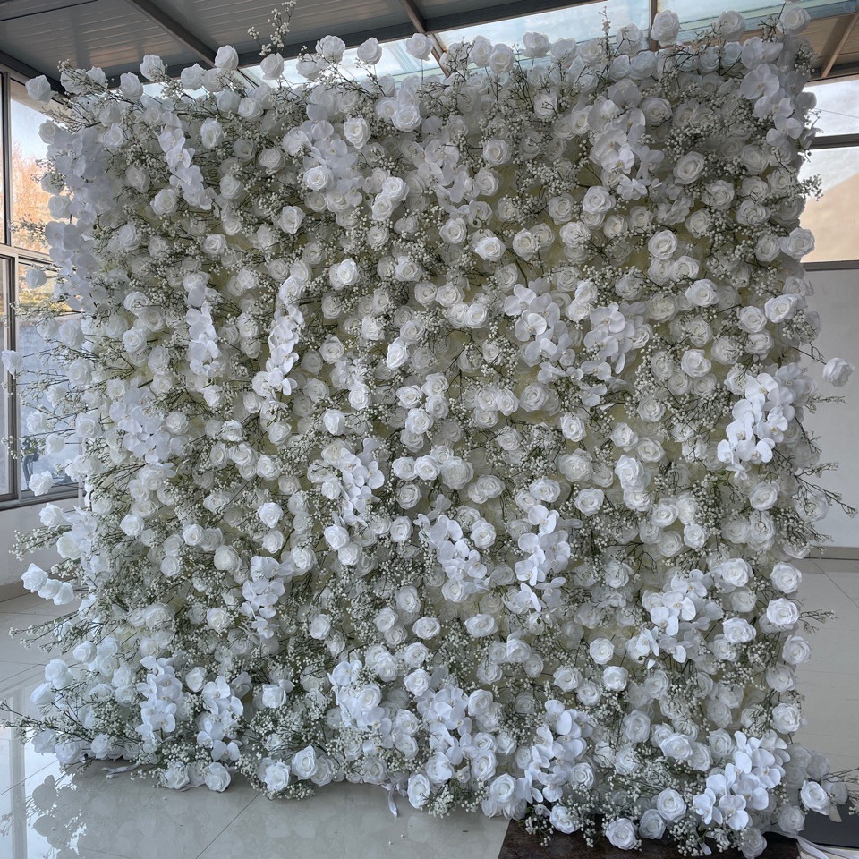 8ft*8ft Baby Breath Orchid White Rose Flower Wall Artificial Silk Decorative Wedding Backdrop for Events and Parties