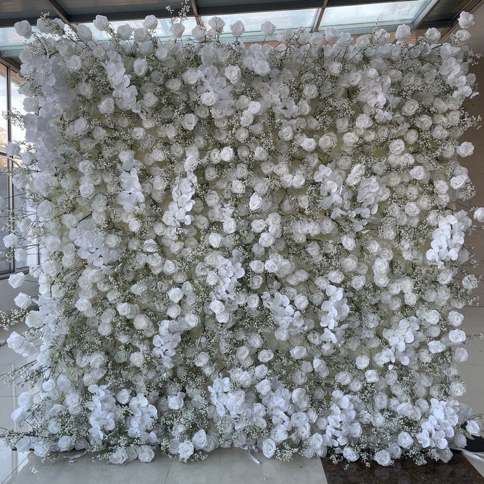 8ft*8ft Baby Breath Orchid White Rose Flower Wall Artificial Silk Decorative Wedding Backdrop for Events and Parties