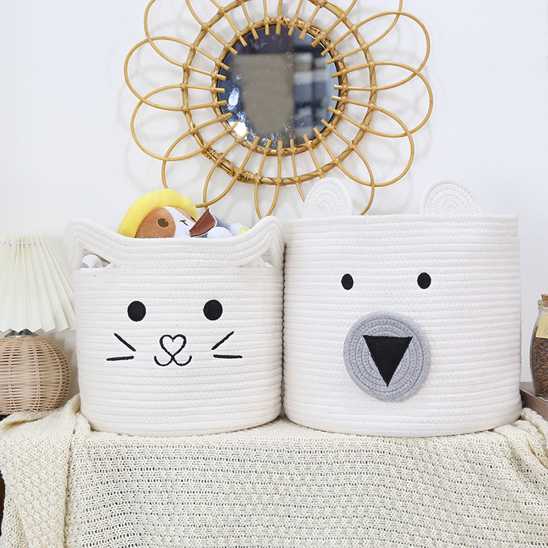 Zuijia Best selling Nordic cute Embroidery cat face Cotton rope storage basket Toy Basket with Cat ear handle