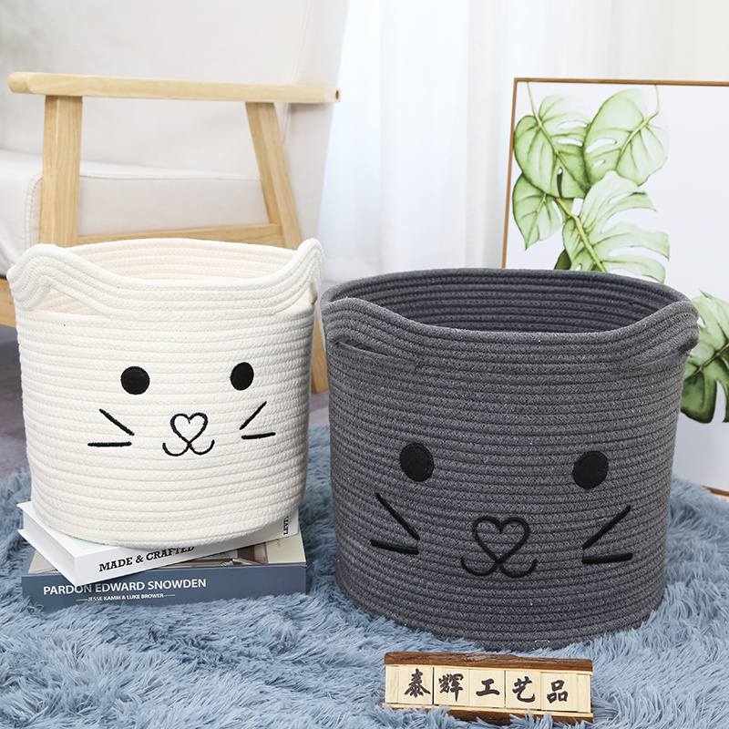 Zuijia Best selling Nordic cute Embroidery cat face Cotton rope storage basket Toy Basket with Cat ear handle