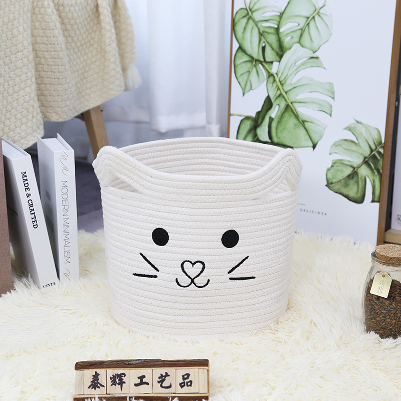 Zuijia Best selling Nordic cute Embroidery cat face Cotton rope storage basket Toy Basket with Cat ear handle