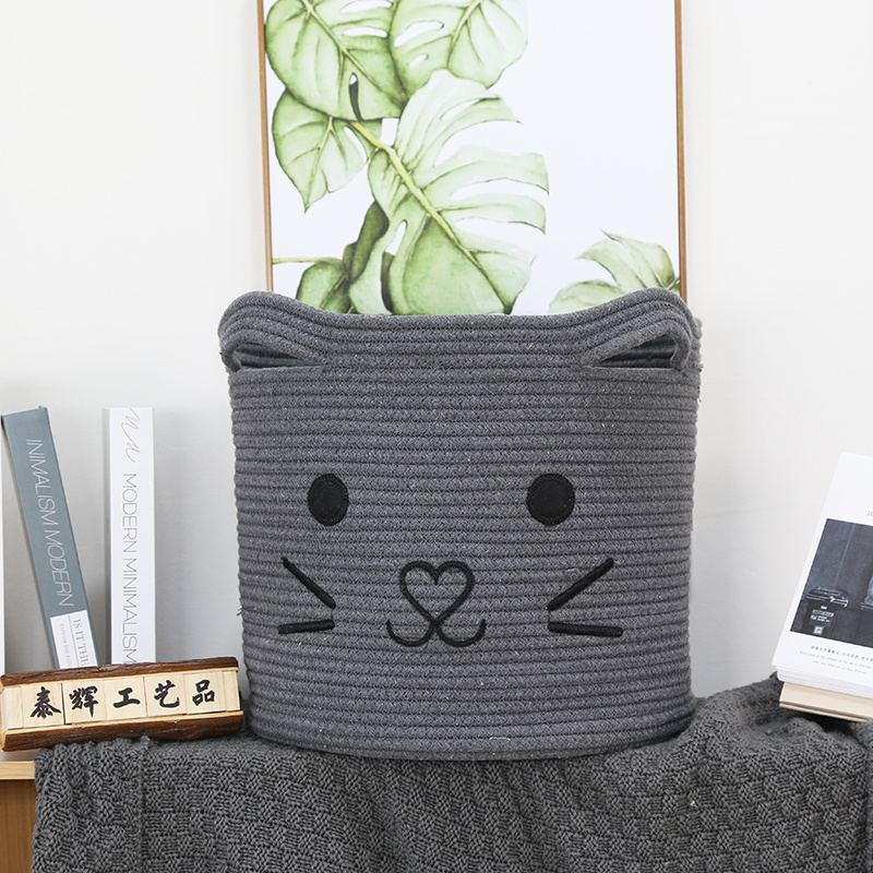 Zuijia Best selling Nordic cute Embroidery cat face Cotton rope storage basket Toy Basket with Cat ear handle