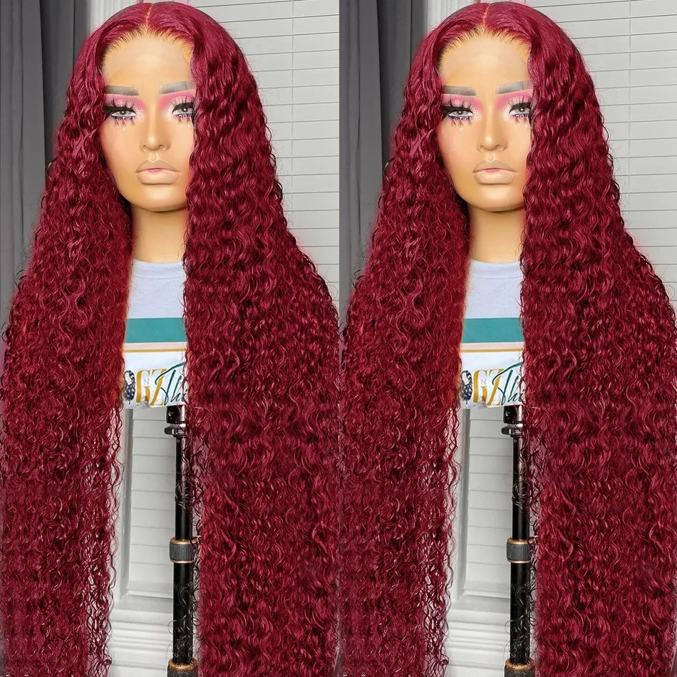 13x4 Lace Frontal Glueless Remy Wig 40 Inch Burgundy Deep Wave Raw Peruvian 99J Curly Red Lace Front Human Hair Long Straight