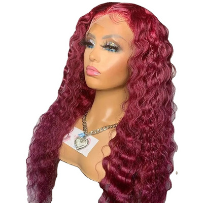 13x4 Lace Frontal Glueless Remy Wig 40 Inch Burgundy Deep Wave Raw Peruvian 99J Curly Red Lace Front Human Hair Long Straight