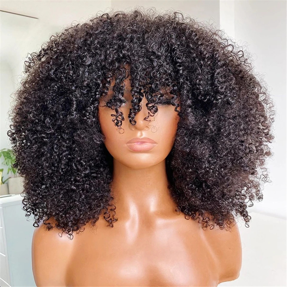 Hot Afro Kinky Curly Wig With Bangs Full Machine Made Wig Remy Mongolian Short Curly Human Hair Wigs Pre Plucked For Black Women