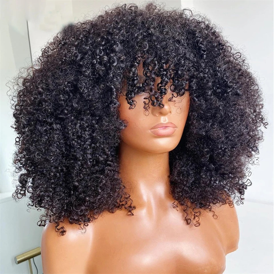 Hot Afro Kinky Curly Wig With Bangs Full Machine Made Wig Remy Mongolian Short Curly Human Hair Wigs Pre Plucked For Black Women