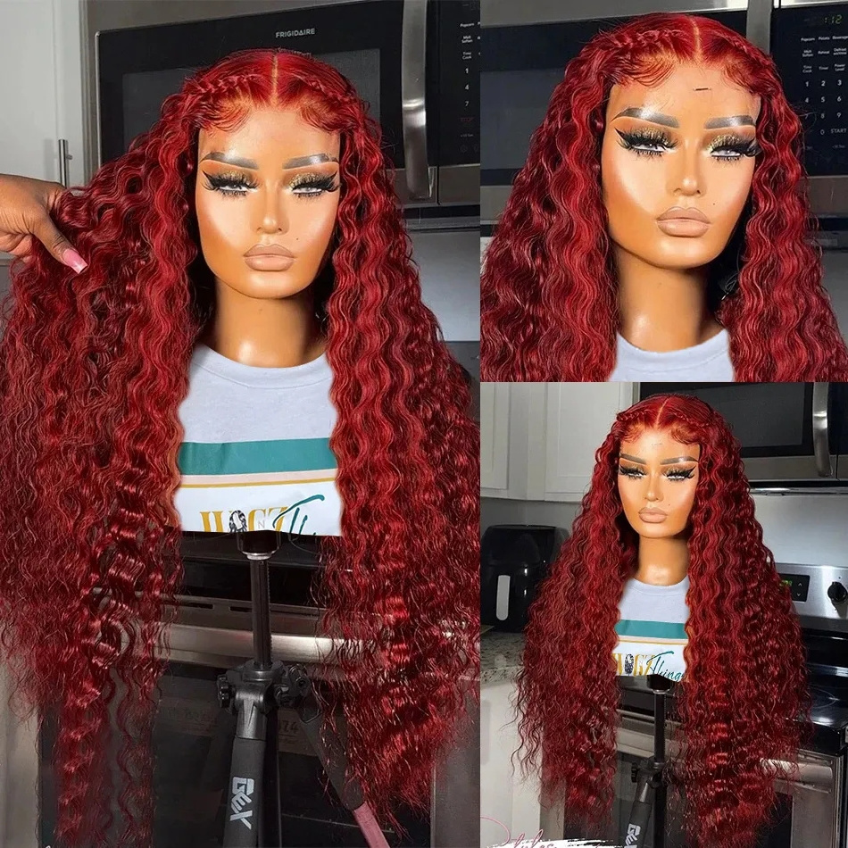 13x4 Lace Frontal Glueless Remy Wig 40 Inch Burgundy Deep Wave Raw Peruvian 99J Curly Red Lace Front Human Hair Long Straight