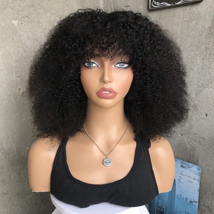 High Density Afro Kinky Curly Bob Wigs With Bangs Full Machine Made Human Hair Wig Raw Brazilian Human Hair Wigs For Black Women