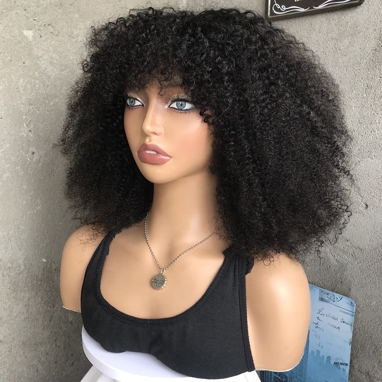 High Density Afro Kinky Curly Bob Wigs With Bangs Full Machine Made Human Hair Wig Raw Brazilian Human Hair Wigs For Black Women