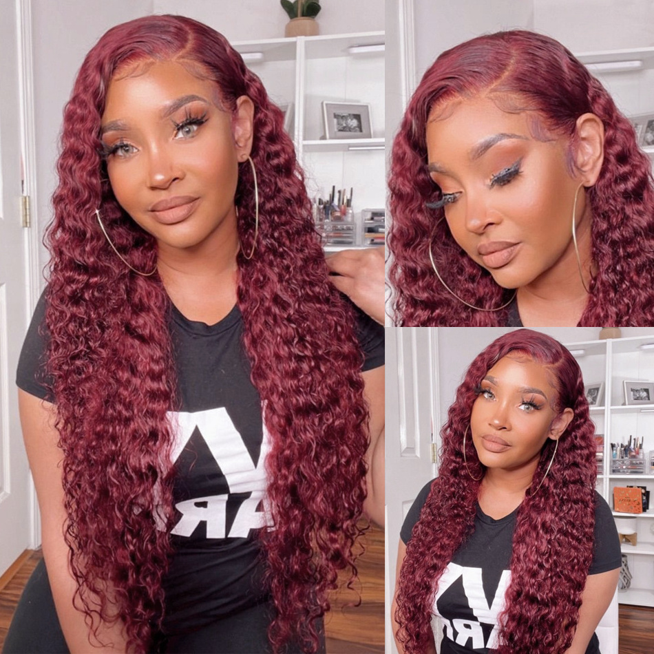 13x4 Lace Frontal Glueless Remy Wig 40 Inch Burgundy Deep Wave Raw Peruvian 99J Curly Red Lace Front Human Hair Long Straight