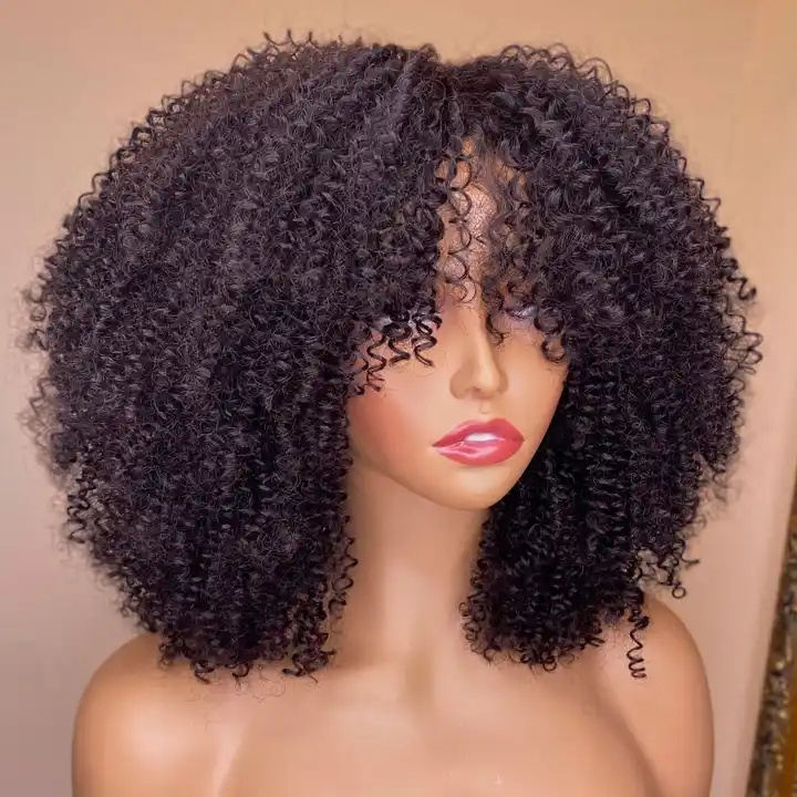 Hot Afro Kinky Curly Wig With Bangs Full Machine Made Wig Remy Mongolian Short Curly Human Hair Wigs Pre Plucked For Black Women