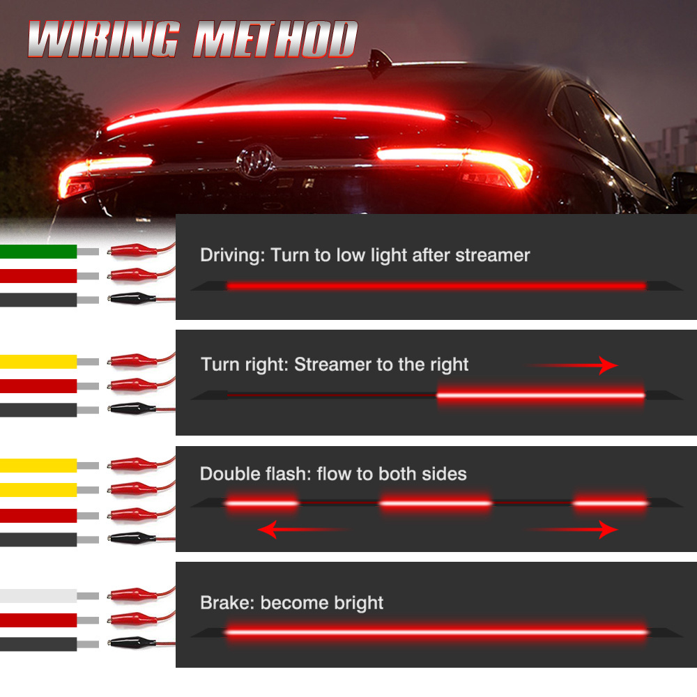 QEEDON Carbon Fiber 130cm 12V Car Spoiler  Car Auto Tail Wing Lips Led Warning Lights Trim Strip Rear Roof Splitter