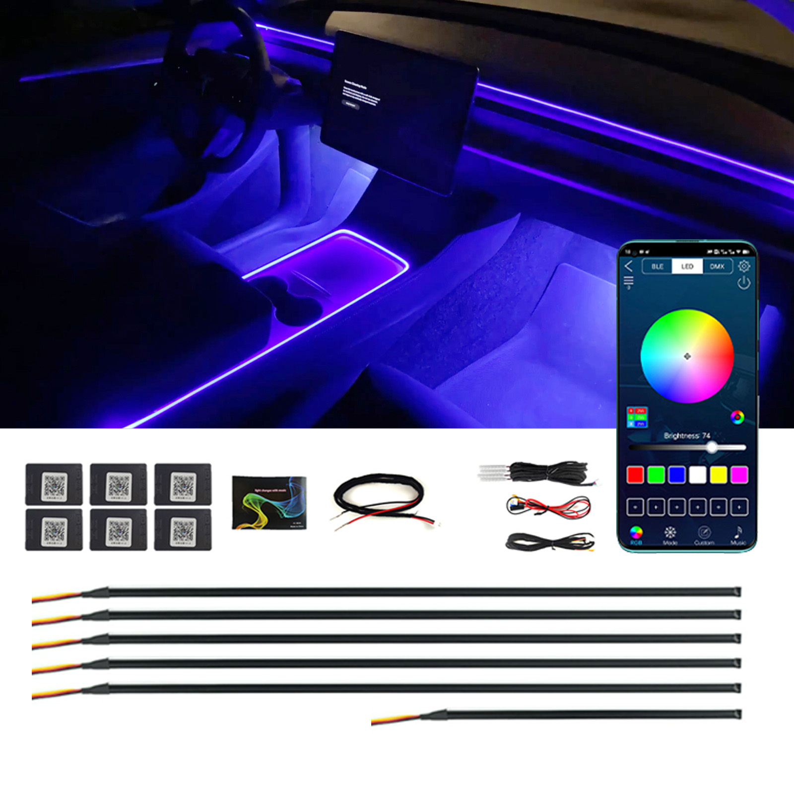 Qeedon Acrylic Chasing RGB Auto Atmosphere Light All In 1 LED Strip Interior Decorative Lamp APP Control Car Ambient Light