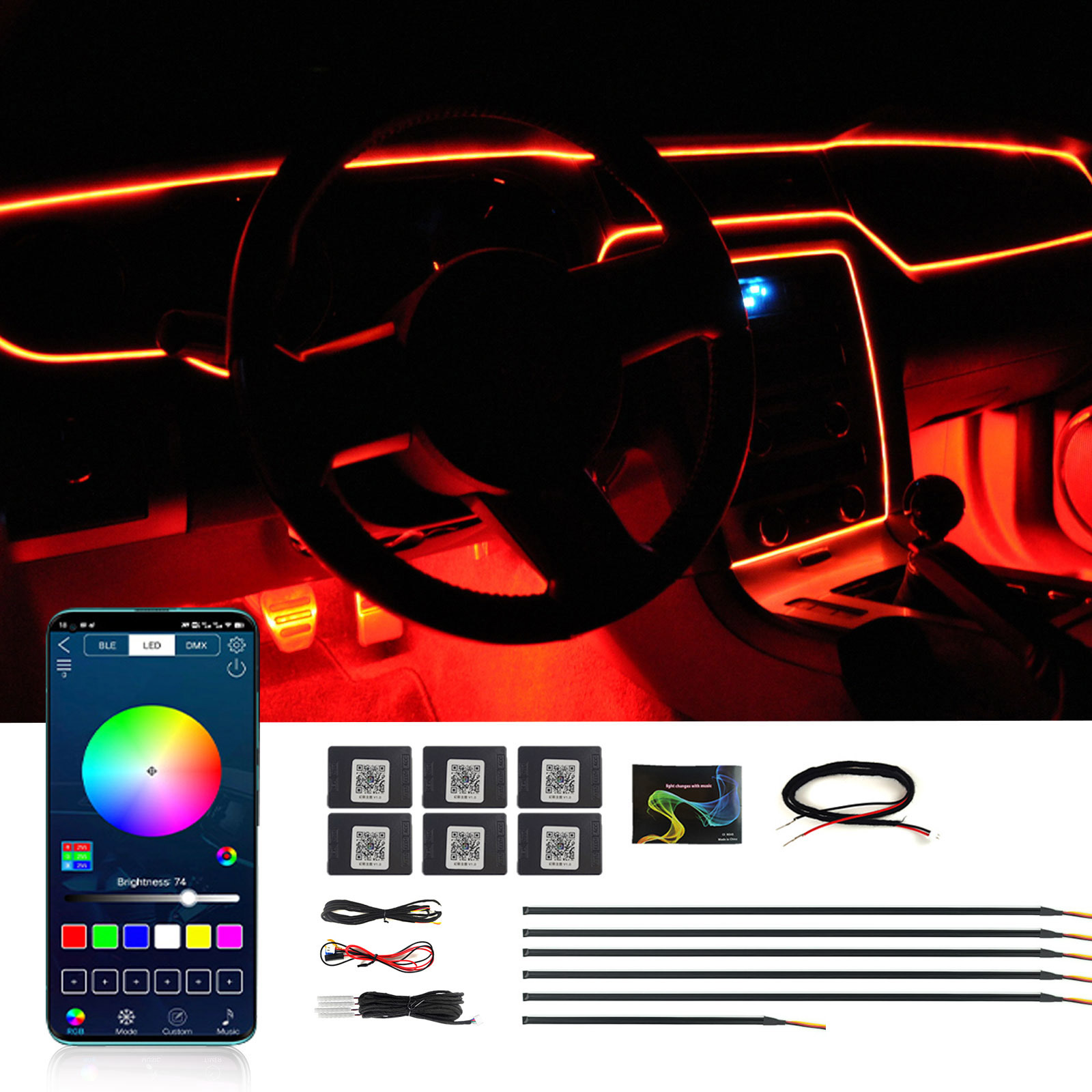 Qeedon Acrylic Chasing RGB Auto Atmosphere Light All In 1 LED Strip Interior Decorative Lamp APP Control Car Ambient Light