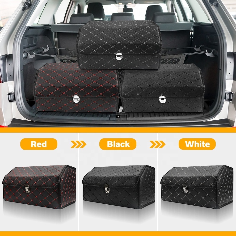 QEEPEI Custom Logo Pu Leather Small Large Auto Foldable Box Car Trunk Storage Boot Car Organizer for Trunk with Shackle Handle