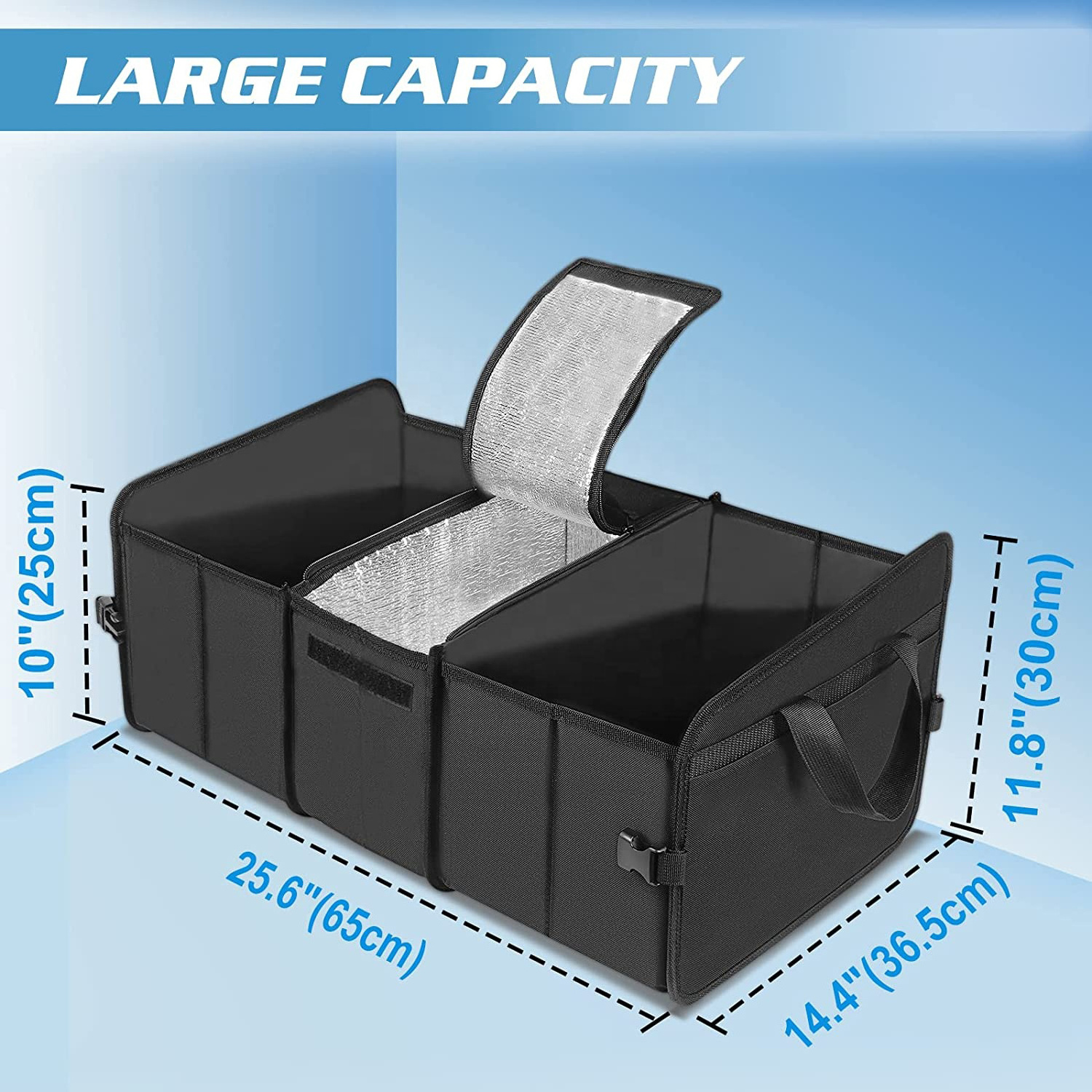 QSP052 71L Car Storage Folding Collapsible Large Trunk Boot Organizer with Cooler for Grocery Cargo Car SUV Sedan Jeep