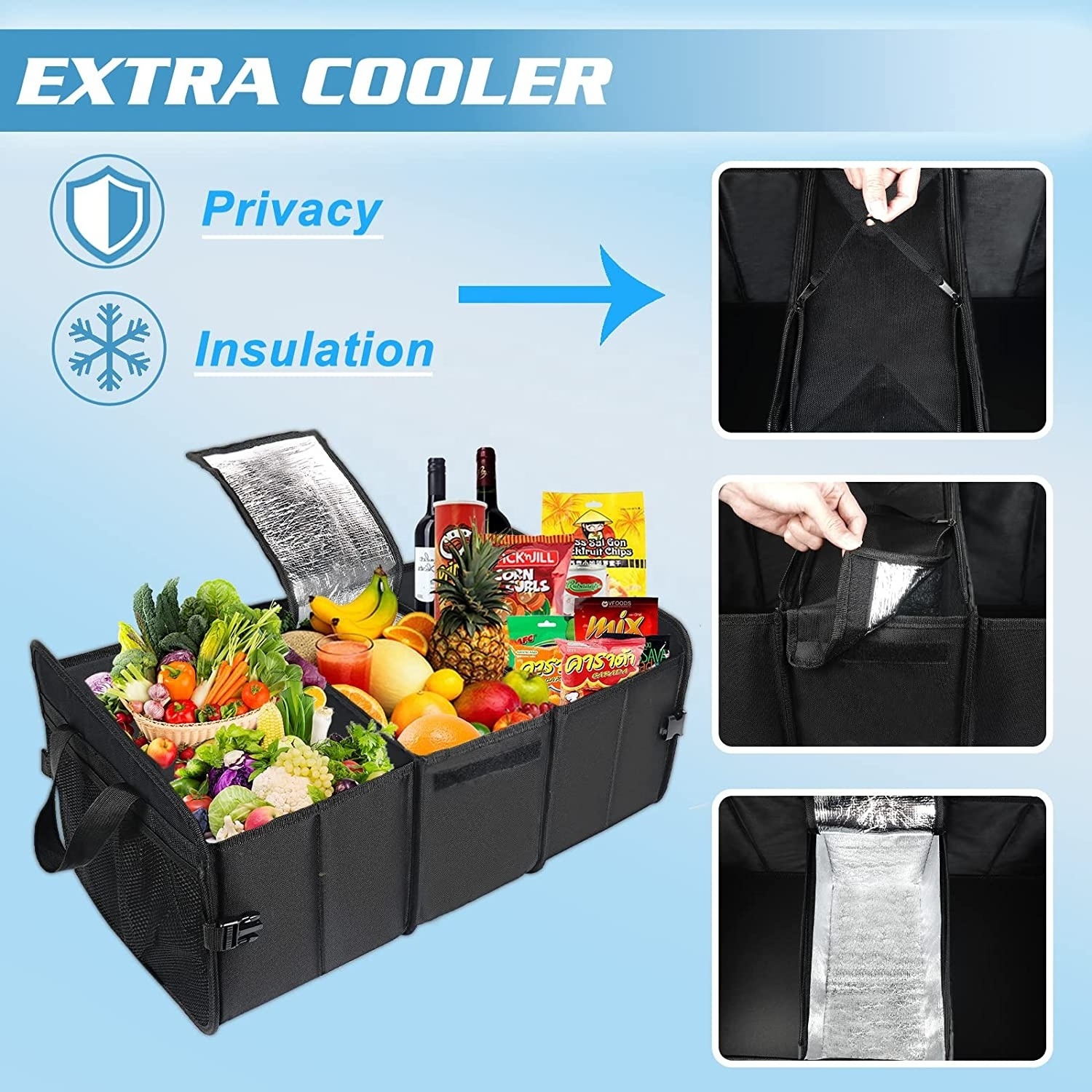 QSP052 71L Car Storage Folding Collapsible Large Trunk Boot Organizer with Cooler for Grocery Cargo Car SUV Sedan Jeep