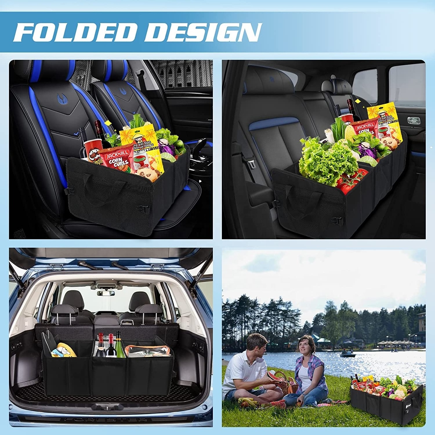 QSP052 71L Car Storage Folding Collapsible Large Trunk Boot Organizer with Cooler for Grocery Cargo Car SUV Sedan Jeep