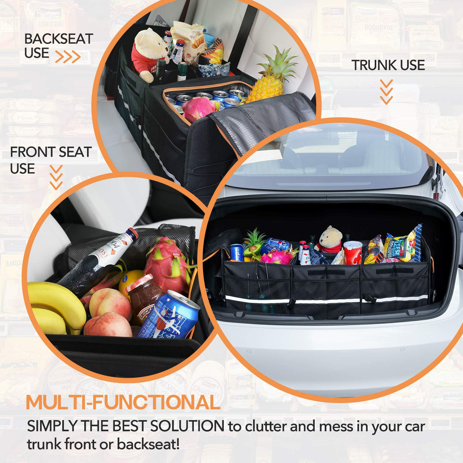 QEEPEI Custom High Quality Foldable Luxury Multifunction Portable Large Capacity Storage Car Trunk Organizer with Cooler Bag