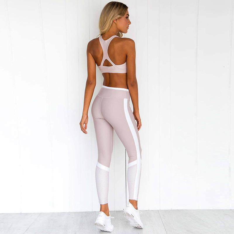 Women Fitness Sport Wear Yoga Wear Set Gym Pink Sleeveless Vest and Long Leggins Seamless Fitness Sports Clothes