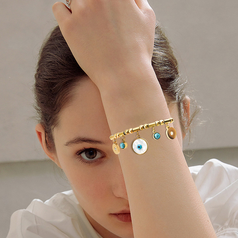 Wholesale Women 2022 Boho Bracelet Fine Jewelry Gold Plated Stainless Steel Charms Enamel Evil Eye Bracelet