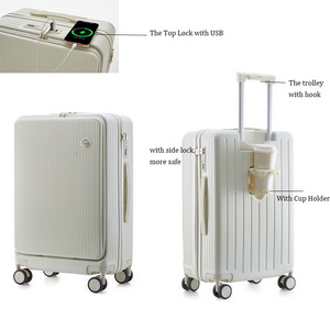 Sale case Suitcase Front Open Travel Luggage with Usb Charger and Cup Holder Smart Trolley Bag luggage with Phone Bracket