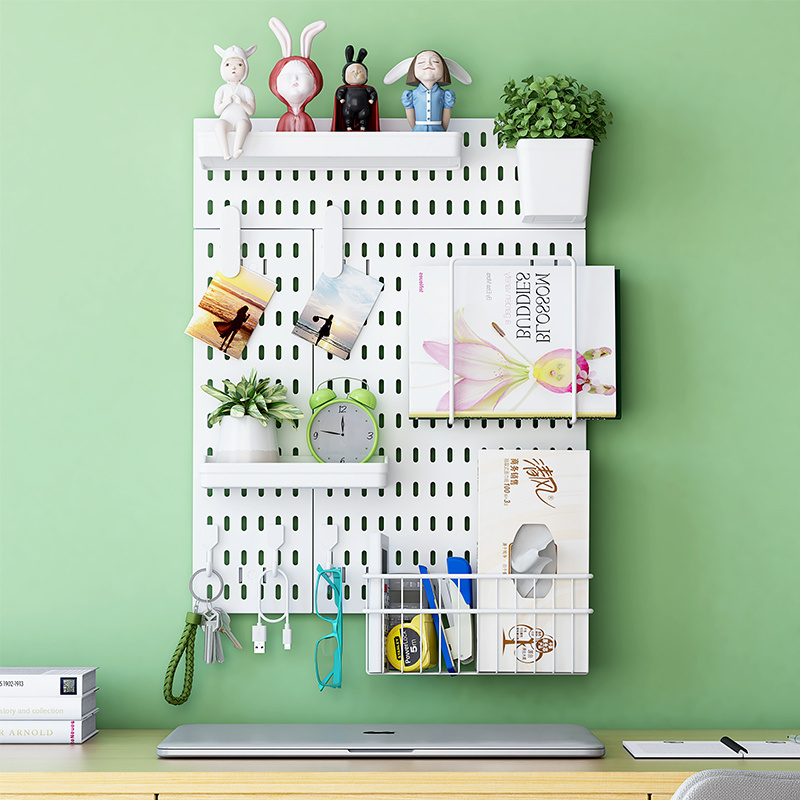 Pegboard Drill-Free Wall Mount Storage Organizer with DIY Floating Shelves Home Decor for Living Room