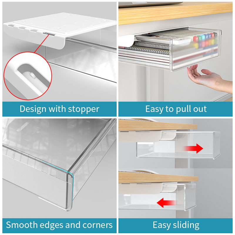 063-A31 Transparent PET Drawer Under Desk Storage office Slide Out Desk Organizer Box Hidden Desktop Organizer living room