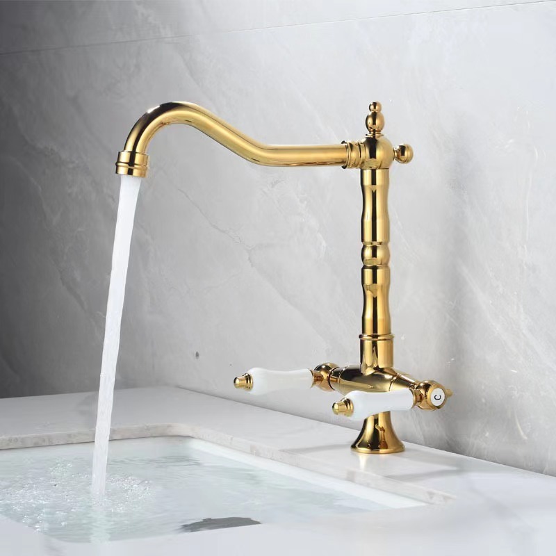 Luxury deck mounted double handle basin faucet antique brushed gold Bathroom Brass Basin faucet