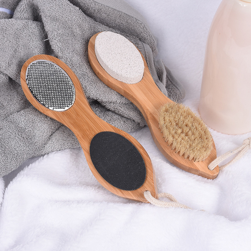 Hot selling bamboo feet brush feet dead skin stone 4 in 1 foot brush Multi function Foot rasp Foot File custom feet scrubber