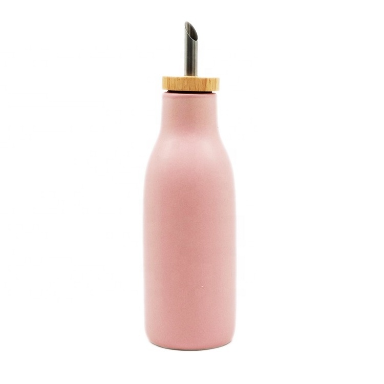 Custom Matte Black/Pink/White Ceramic Olive Oil Bottle with Stainless Steel Pour for Food Oil in Kitchen 350ml 500ml