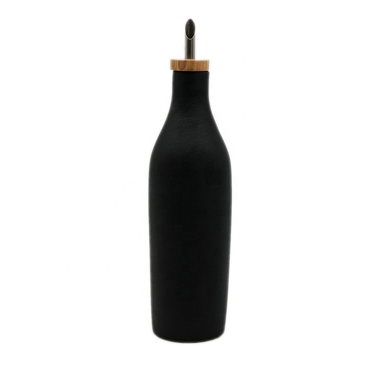 Custom Matte Black/Pink/White Ceramic Olive Oil Bottle with Stainless Steel Pour for Food Oil in Kitchen 350ml 500ml