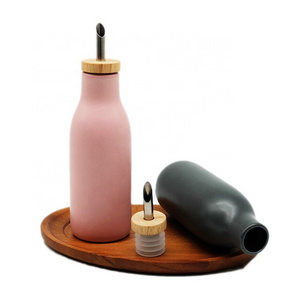 Custom Matte Black/Pink/White Ceramic Olive Oil Bottle with Stainless Steel Pour for Food Oil in Kitchen 350ml 500ml