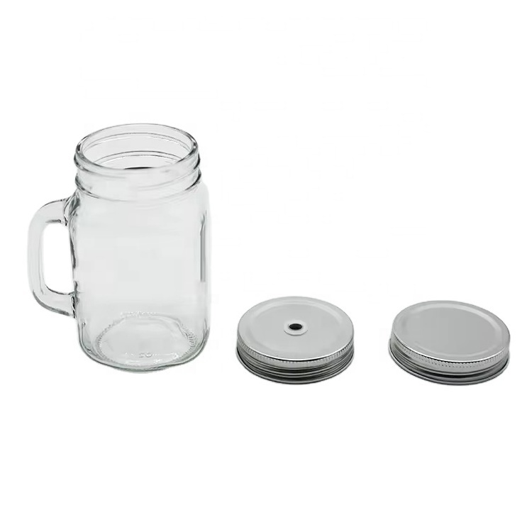 16oz Mason Jar With Handle Customized Mason Jar and Lid with Hole And Straw For Babo Tea Juice Beverage Cold Brew Coffee