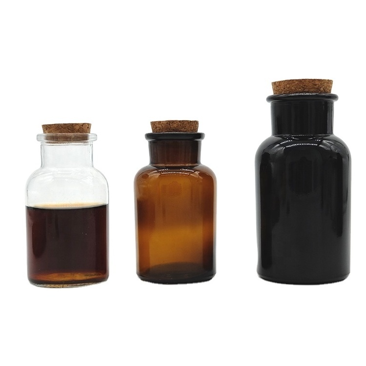 250ml 500ml Black Amber Clear Round Glass Bottle Reagent Bottle with Cork Glass Lid for Apothecary