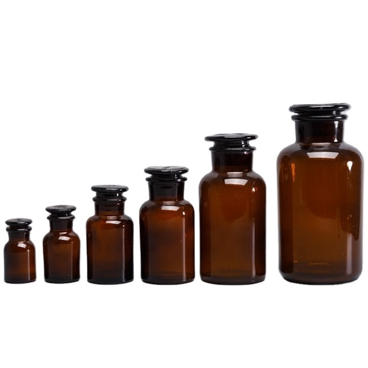 250ml 500ml Black Amber Clear Round Glass Bottle Reagent Bottle with Cork Glass Lid for Apothecary