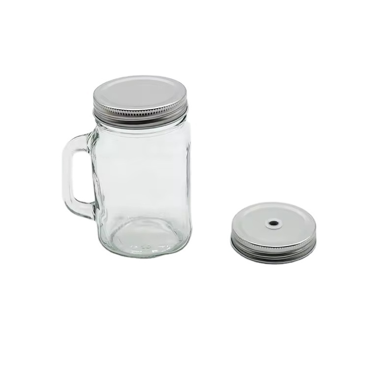 16oz Mason Jar With Handle Customized Mason Jar and Lid with Hole And Straw For Babo Tea Juice Beverage Cold Brew Coffee