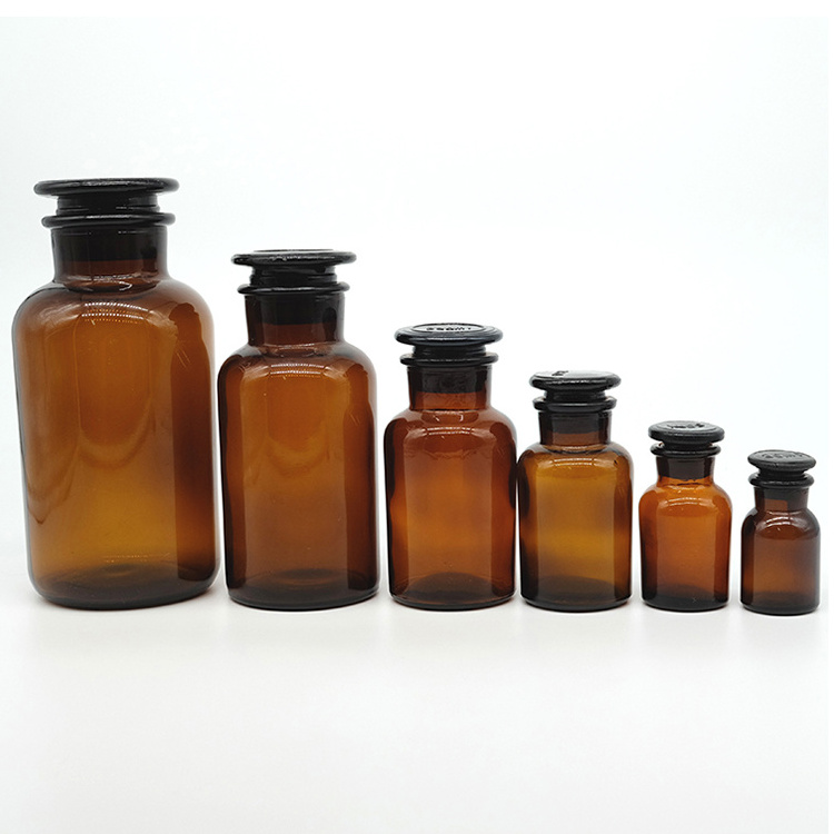 Laboratory Pharmacy 125ml 250ml 500ml Wide Mouth Clear/Amber Glass Apothecary Bottles with Lid or Cork