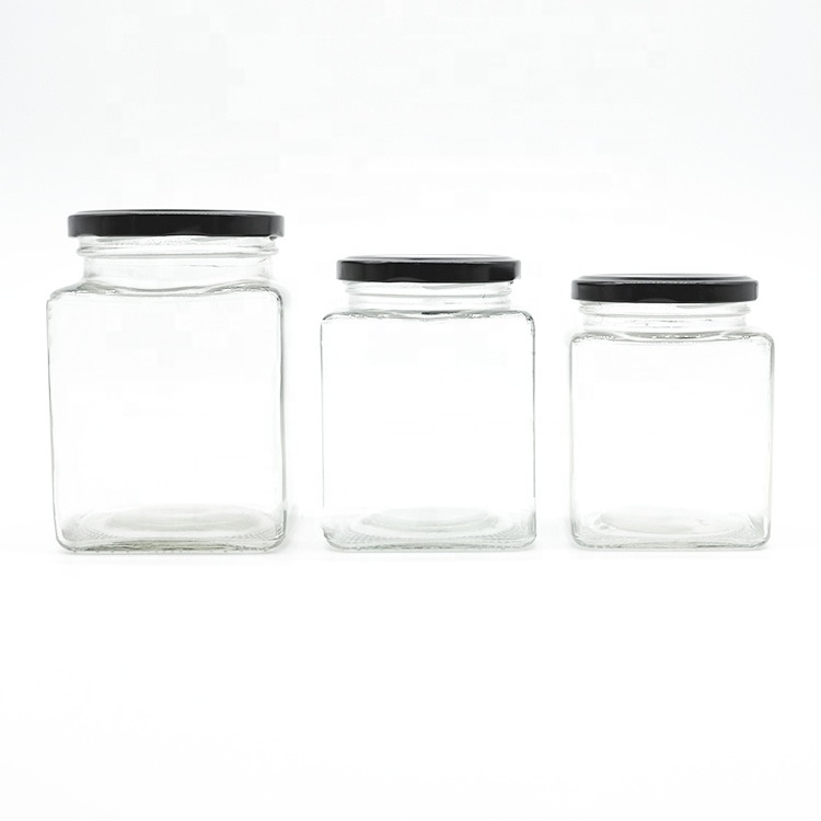 50ml 150ml 300ml Square Glass Jar with Twist Off Metal Lug for Honey Garlic Sauce Kethcup