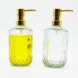 Luxury 16oz Vertical Stripe Glass Soap Dispenser Bottle Vintage Press Type Lotion Pump Bottle