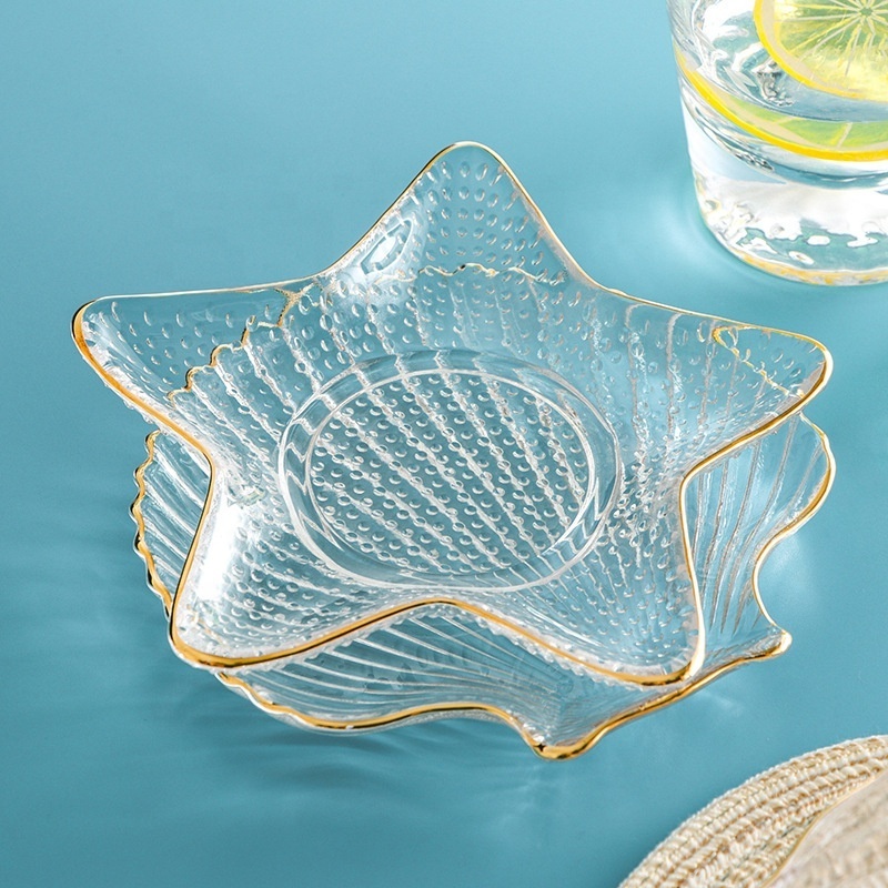 2022 Luxury Conch Shaped Cake Desserts Glass Dinner Plates Decorative Clear Scallop Glass Baking Dish with Golden Rim