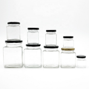 50ml 150ml 300ml Square Glass Jar with Twist Off Metal Lug for Honey Garlic Sauce Kethcup