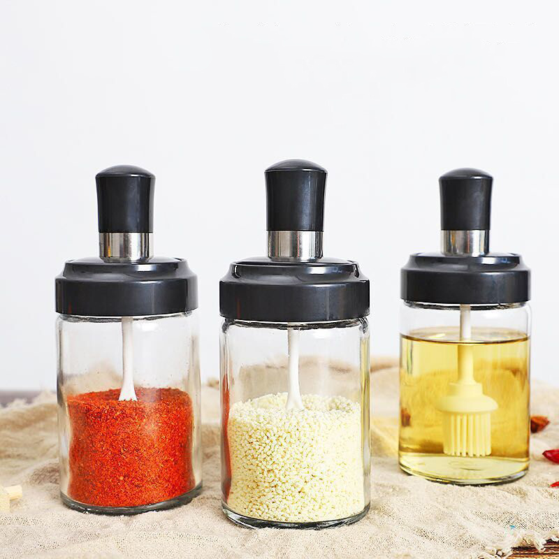 250ML Glass Seasoning Bottles Flavoring Jar Spice Container with Spoon Lid Oil Brush Honey dispenser