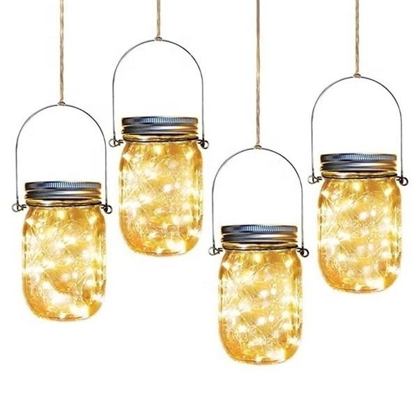 Solar Powered Mason Jar Lid Lights with Handles Interior Creative Design Lights Outdoor Waterproof Led Hanging Light for Wedding