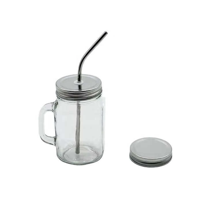 16oz Mason Jar With Handle Customized Mason Jar and Lid with Hole And Straw For Babo Tea Juice Beverage Cold Brew Coffee