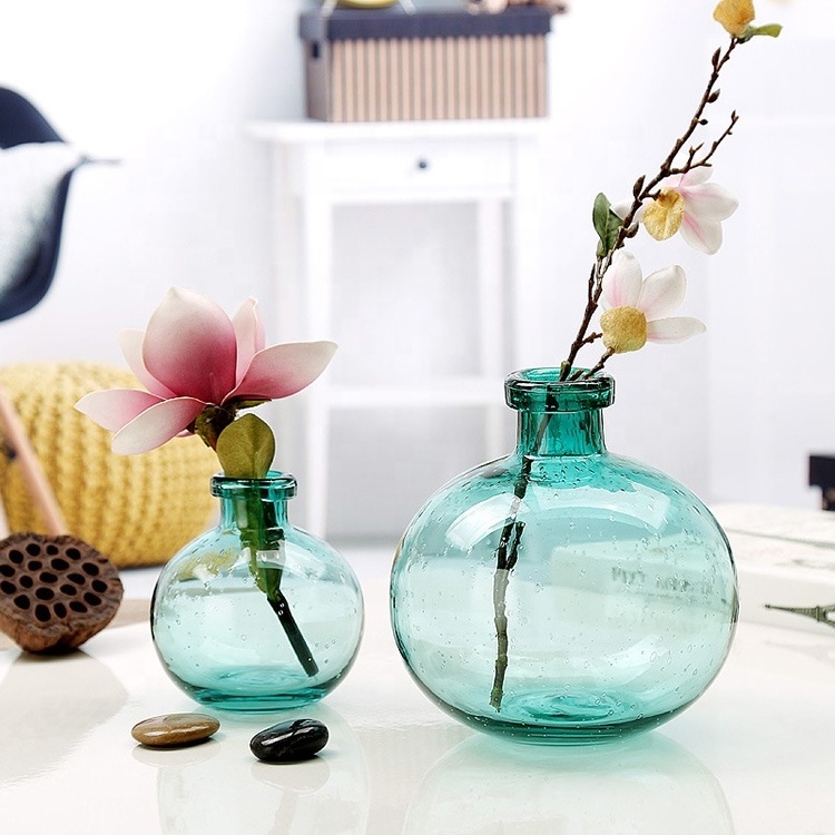 Nordic Blue/Grew Ball Shape Small Glass Vase for Home Hotel Wedding Center Decal on Table