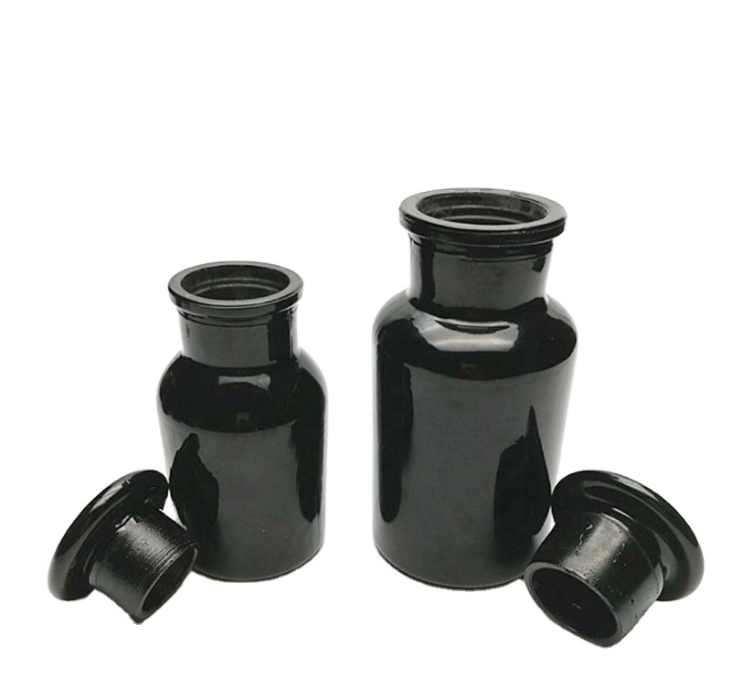 250ml 500ml Black Amber Clear Round Glass Bottle Reagent Bottle with Cork Glass Lid for Apothecary