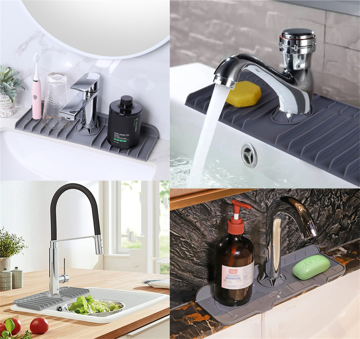 Kitchen and Bath Silicone Faucet Mat Splash Guard Drip Catcher