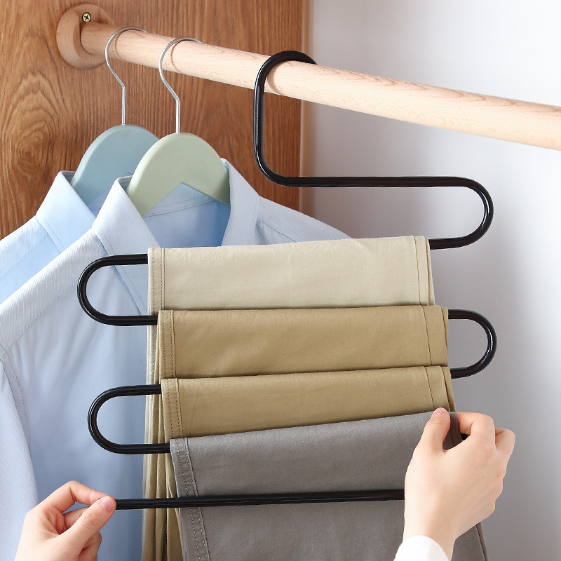 Stainless Steel Trousers Hanger 5 Layers Pants Hangers Space Saving Multi Jeans Pant Rack S Type Clothes Pant Hanger