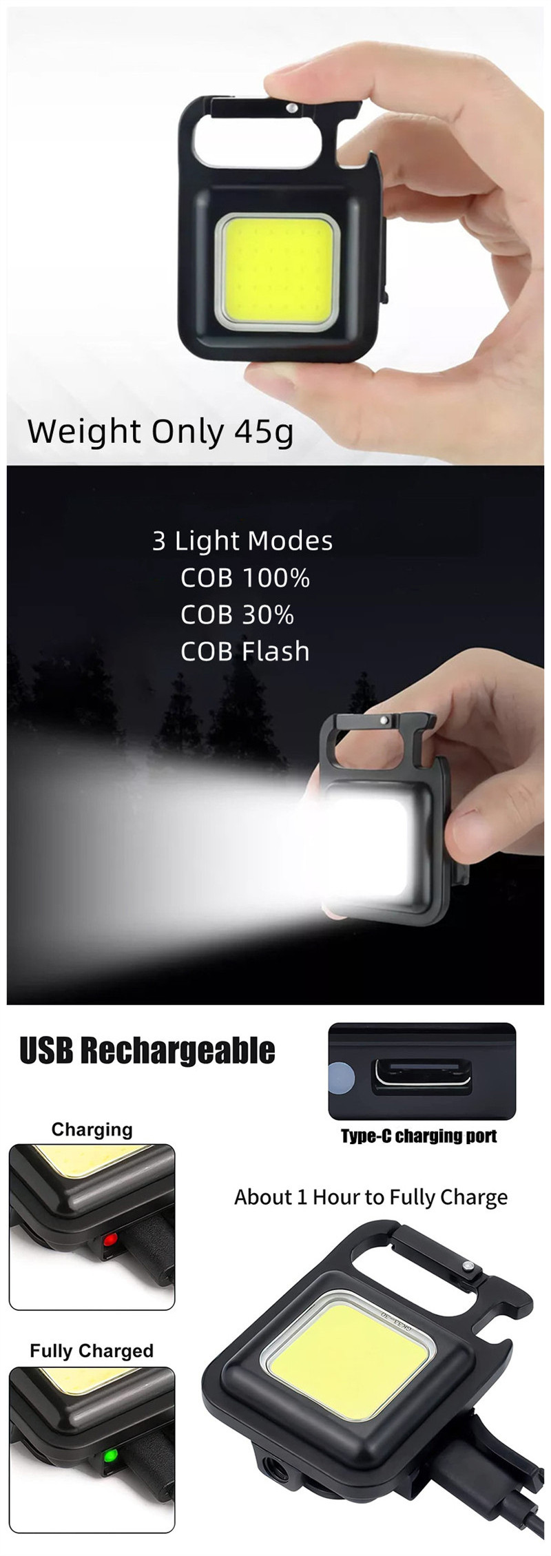 Type C Rechargeable 4 Modes Portable Pocket 800 Lumens Keychain Mini Flat Flashlight With Folding Magnet Base & Bottle Opener